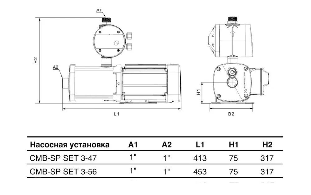 габариты поверхностного насоса CMB-SP SET 3-56 (PM 1-22) габариты насоса CMB-SP SET 3-56 (PM 1-22)